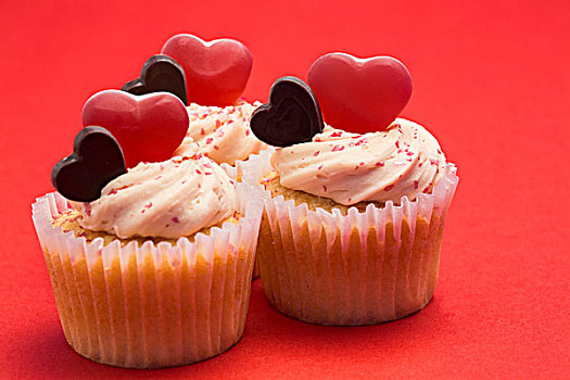 美味,情人节,杯形蛋糕,红色背景