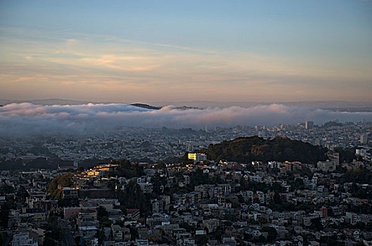 旧金山,相似,顶峰,日落,雾,高处,湾,加利福尼亚,美国