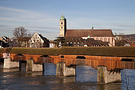 遮盖,木桥,穿过,莱茵河,河,大教堂,坏,地区,黑森林,巴登符腾堡,德国,欧洲