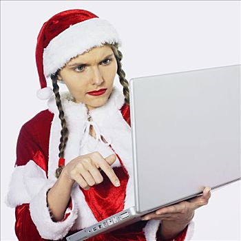 女人,向上,圣诞老人,看,烦恼,用电脑