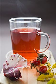 玫瑰果茶,玻璃杯,清新,野玫瑰果,茶包