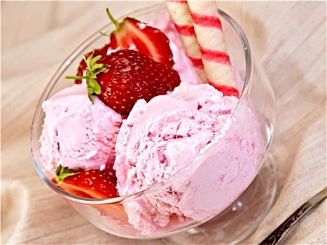冰淇淋,草莓,玻璃碗,华夫饼,布