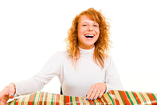 年轻,高兴,女人,红发,包装,圣诞礼物