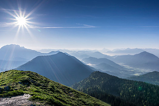 德国,巴伐利亚,巴伐利亚阿尔卑斯山,风景,早晨,太阳