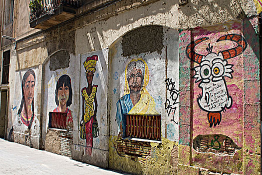 西班牙,加泰罗尼亚,巴塞罗那,拉巴尔区,区域,脸部彩绘,墙壁