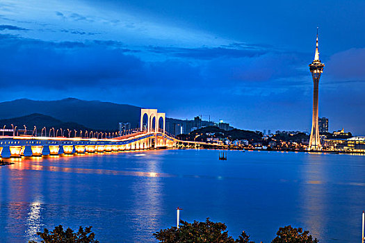 澳门,海面,夜景,灯光,大桥