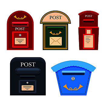 邮政,邮箱,矢量,彩色,收藏,白色背景,红色,绿色,灰色,蓝色,邮筒,铭刻,标识,洞,信,五个,保险箱,容器,文字,风格