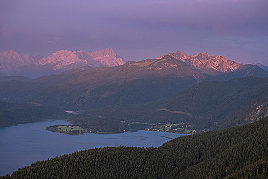 风景,上方,瓦尔幸湖,山,楚格峰,晨光,巴伐利亚阿尔卑斯山,巴伐利亚,德国