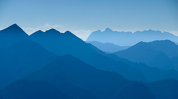 蓝色,剪影,山,风景,上方,阿尔卑斯山,背景,贝希特斯加登地区,上巴伐利亚,巴伐利亚,德国,欧洲