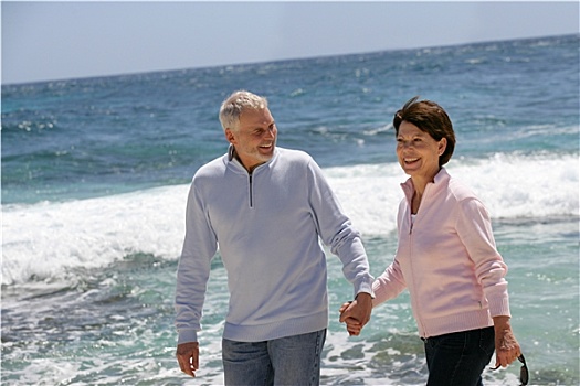 头像,微笑,老年,夫妻,走,海滩,握手
