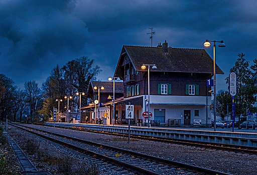 孤单,火车站,夜晚,巴伐利亚,德国,欧洲