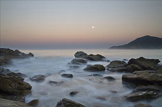 岩石海岸,月亮,空中,黎明,海滩,巴西