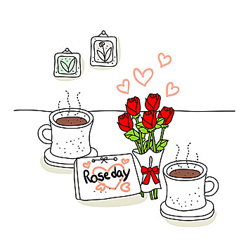 插畫,咖啡杯,花,花束,賀卡