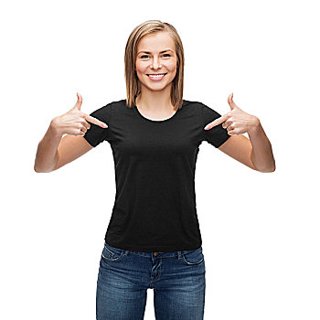 t恤,设计,高兴,人,概念,微笑,女人,留白,黑色,指向,手指