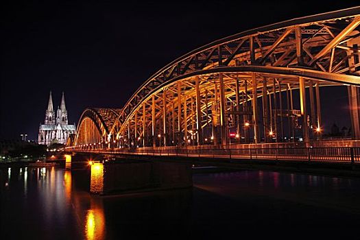 桥,科隆大教堂,夜晚,照片,科隆,北莱茵威斯特伐利亚,德国,欧洲