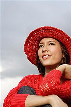 女人,红色,帽子,上面