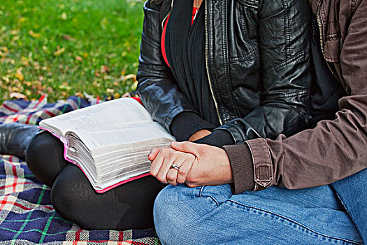 伴侣,读,圣经,祈祷,一起,公园,艾伯塔省,加拿大