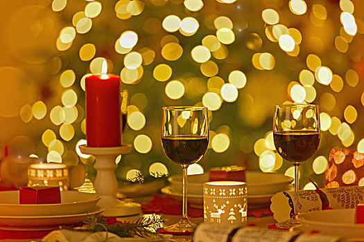 红酒,蜡烛,环境,圣诞晚餐,桌子