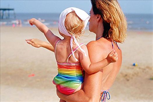 女人,幼儿,海滩