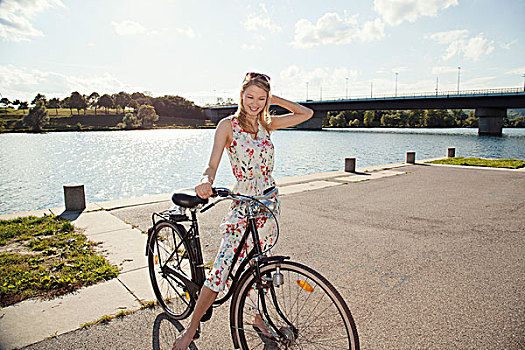 年轻,女人,头像,自行车,河边,多瑙河,岛屿,维也纳,奥地利