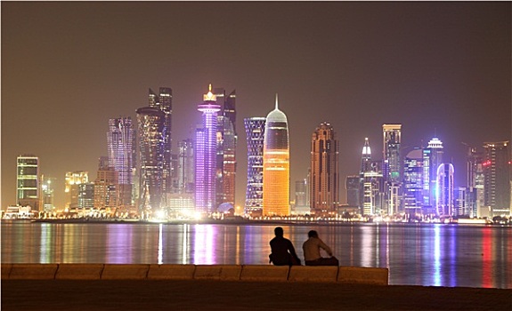 多哈,市区,天际线,夜晚,卡塔尔,中东