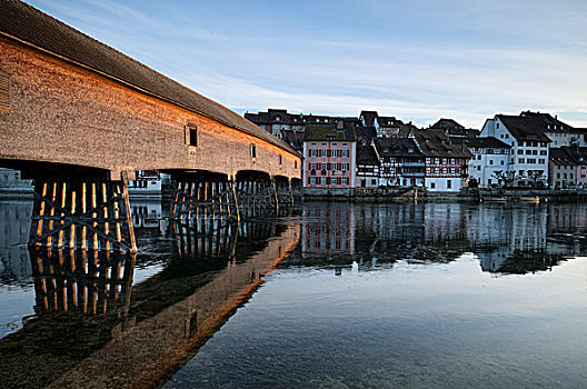 历史,木桥,穿过,莱茵河,河,连接,瑞士,城镇,迪森霍芬,巴登符腾堡,德国,欧洲