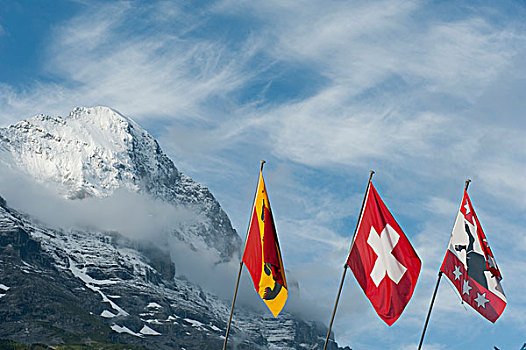 旗帜,正面,积雪,艾格尔峰,山,北方,墙壁,阿尔卑斯山,格林德威尔,伯恩高地,伯恩,瑞士,欧洲