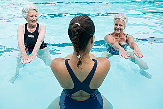 女性,训练,老年,女人,练习,游泳池,微笑