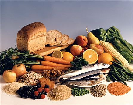谷物,面包,水果,蔬菜,豆类