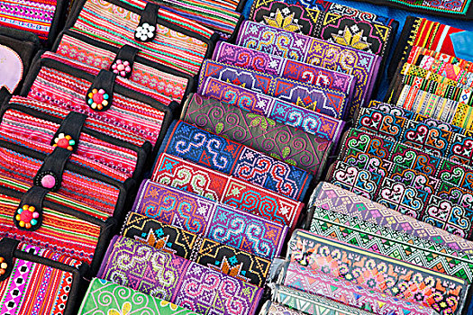 丝绸,围巾,展示,出售,河边,种族,夜市,万象,老挝