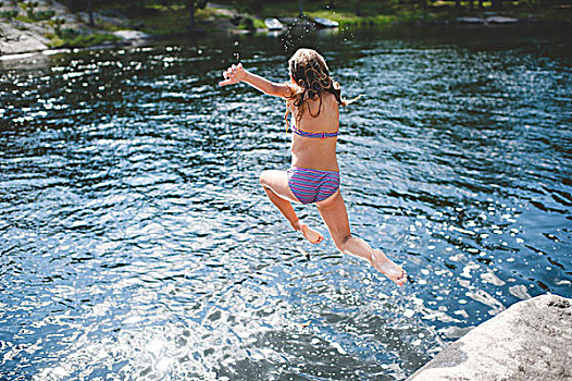 女孩,比基尼,跳跃,水,国王,湖,安大略省,加拿大
