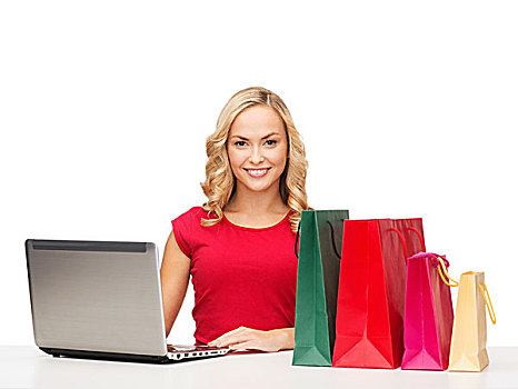 圣诞节,圣诞,网上购物,概念,女人,购物袋,笔记本电脑
