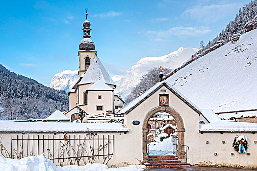 教区教堂,拉姆绍,靠近,冬天,贝希特斯加登地区,地区,上巴伐利亚,巴伐利亚,德国