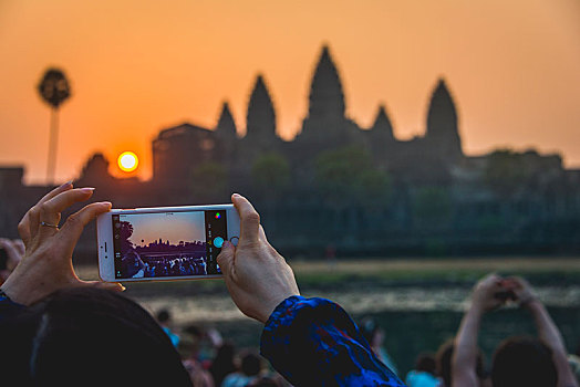游客,拍照,吴哥窟,智能手机,日出,吴哥,考古,公园,省,收获,柬埔寨,亚洲