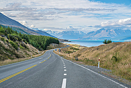 道路,挨着,普卡基湖,看,库克山,山脉,地区,坎特伯雷地区,南岛,新西兰