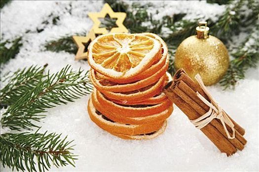干燥,橙子片,肉桂棒,圣诞树装饰物,枝条,冷杉,装饰