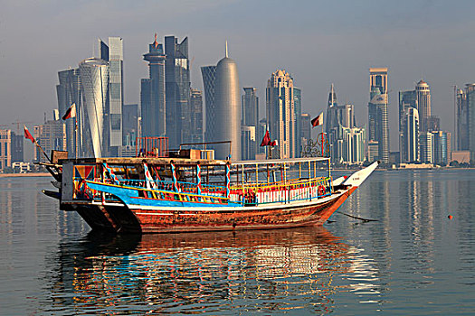 卡塔尔,多哈,天际线,西部,湾,商务区,独桅三角帆船,传统,船