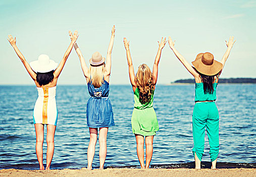 暑假,度假,女孩,抬手,海滩
