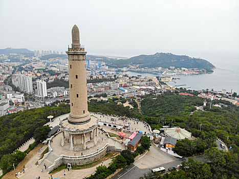 航拍辽宁大连旅顺口区白玉山景区白玉山塔