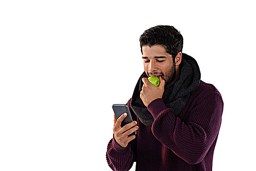 男人,吃饭,苹果,打手机,白色背景