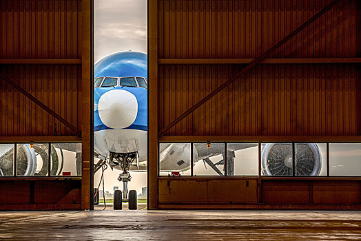 蓝色,飞机,正面,一半,打开,门,飞机库,史基浦,机场,阿姆斯特丹,荷兰