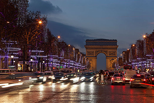 道路,香榭丽舍大街,拱形,圣诞灯光,傍晚,巴黎,法兰西岛,法国,欧洲