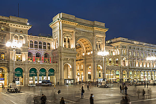 商业街廊,大教堂广场,广场,中央教堂,黄昏,米兰,意大利,欧洲