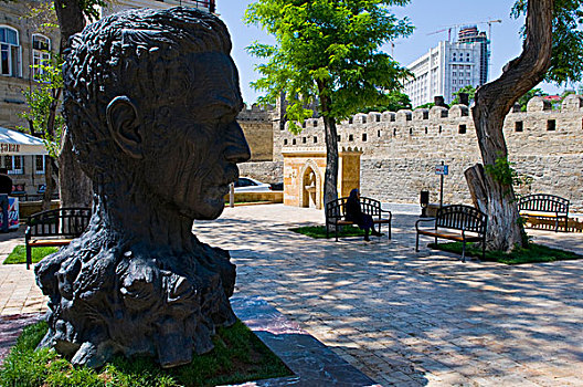 雕塑,城市,墙壁,老城,巴库,阿塞拜疆