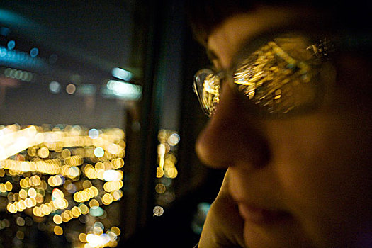 大城市,光亮,反射,玻璃,女人