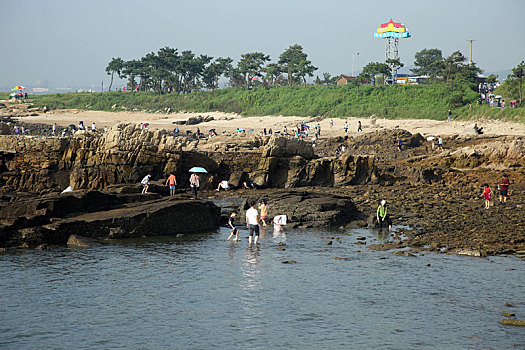 山东省日照市,海滨旅游高潮迭起,游客赶海拾贝乘船捕鱼乐翻天