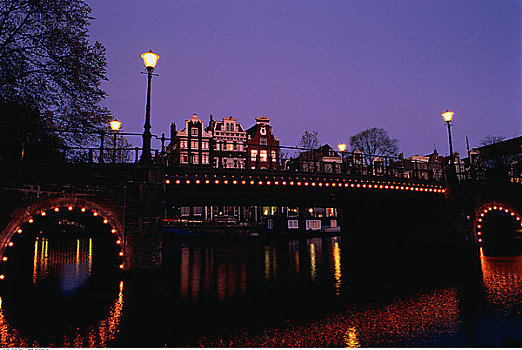桥,夜晚,阿姆斯特丹,荷兰