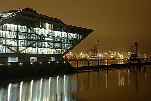 港区,玻璃,办公室,建筑,照明了的晚上,港口,汉堡市,德国,欧洲