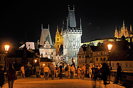 夜景,塔,查理大桥,老城,布拉格,捷克共和国,欧洲