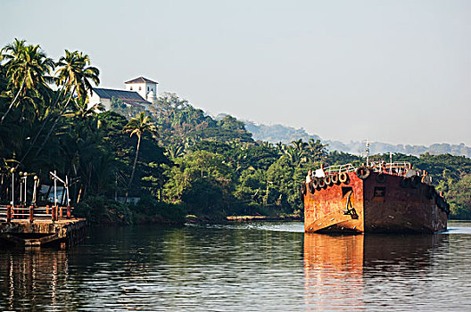 印度,货物,驳船,河,小教堂,圣凯瑟琳,背景,老,果阿